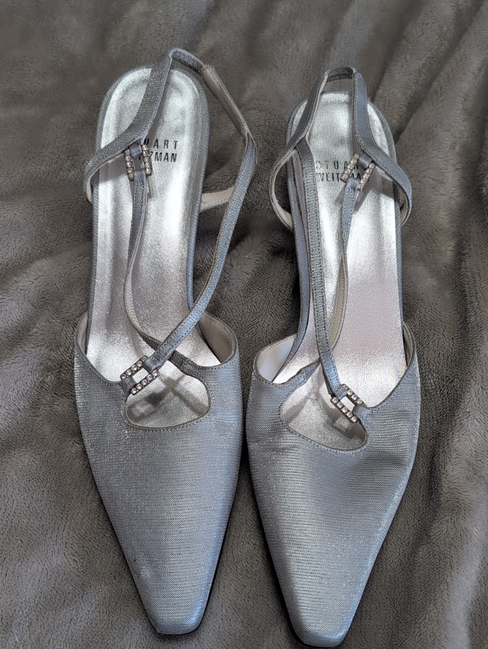 Stuart Weitzman Silver Pointed Square Toe Slingback Heels/ Crystal Accent 8N